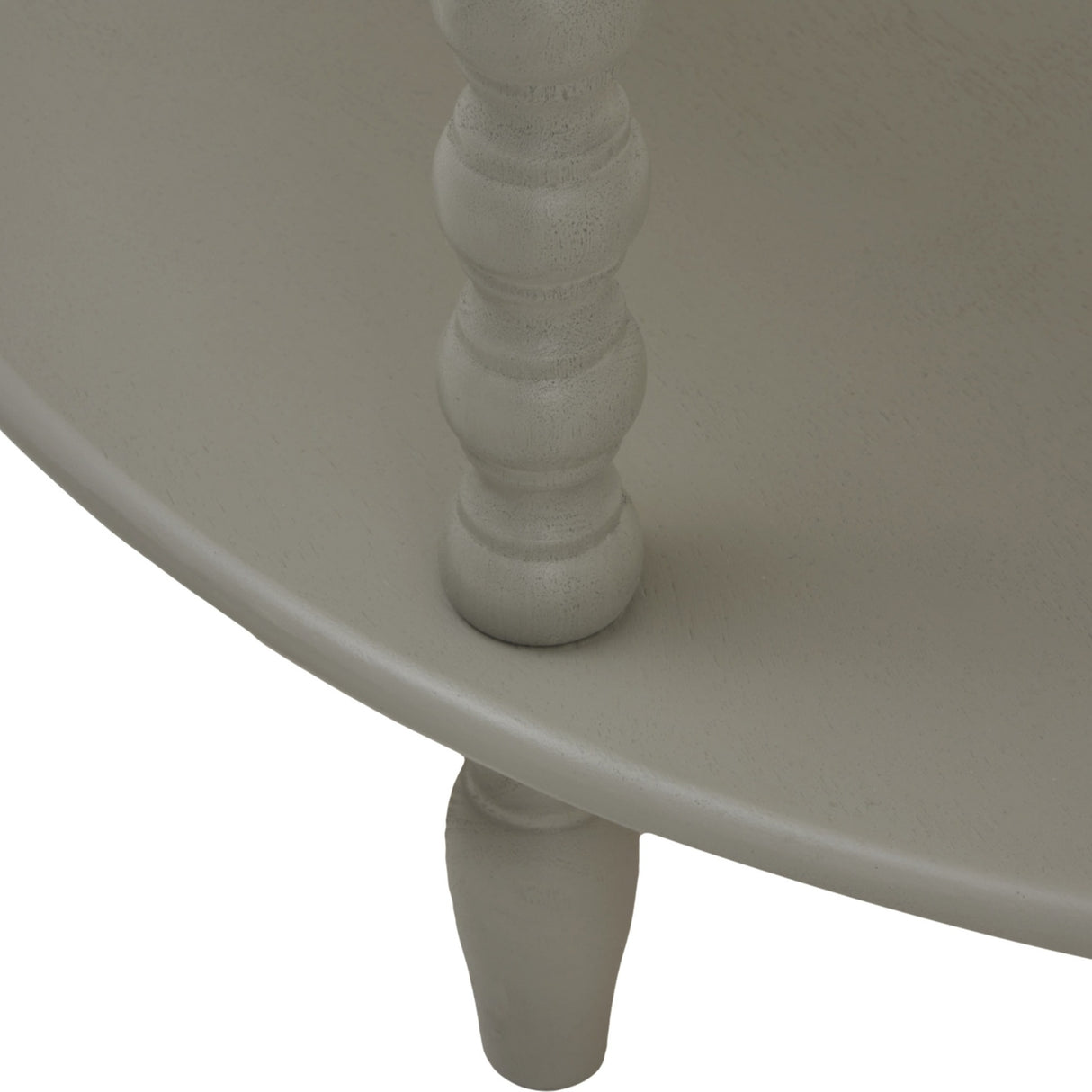Close-up of the Hill Interiors Half Moon 3 Tier Side Table in grey, showing the turned wood spindle support and curved shelf edge.