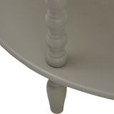 Close-up of the Hill Interiors Half Moon 3 Tier Side Table in grey, showing the turned wood spindle support and curved shelf edge.