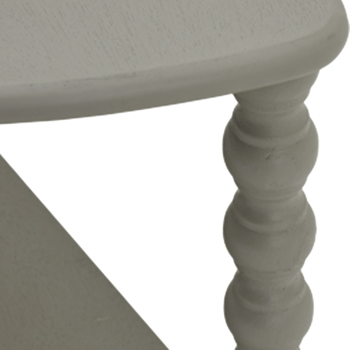 Close-up of the Hill Interiors Half Moon 3 Tier Side Table in grey, showing the curved wooden top edge and turned baluster leg.
