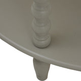 Close-up of the Hill Interiors Half Moon 3 Tier Side Table in grey, showing a turned wooden spindle support between shelves with a soft painted finish.