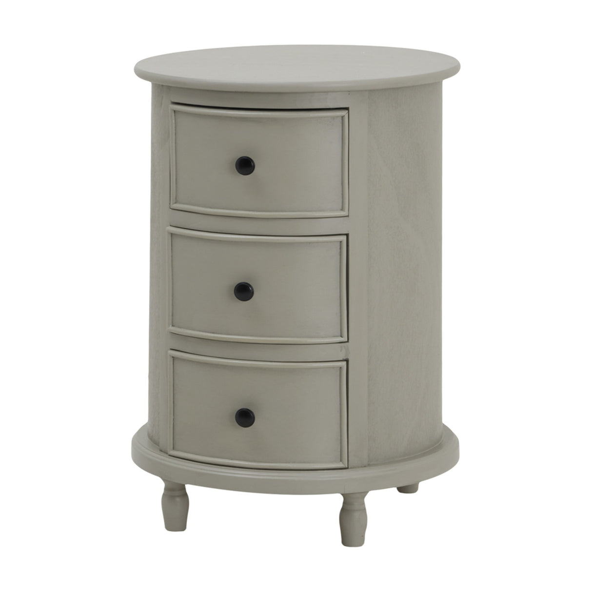 Hill Interiors 3 Drawer Round Side Table in grey wood with three bow-front drawers, black knobs and turned feet, shown on a plain background.