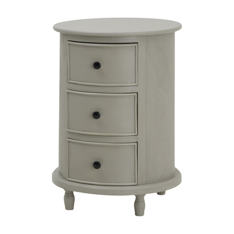 Hill Interiors 3 Drawer Round Side Table in grey wood with three bow-front drawers, black knobs and turned feet, shown on a plain background.