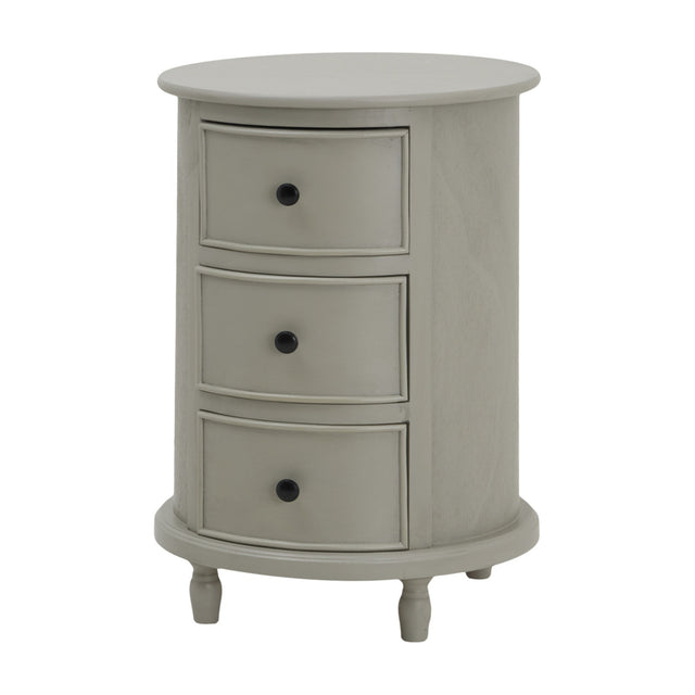 Hill Interiors 3 Drawer Round Side Table in grey wood with three bow-front drawers, black knobs and turned feet, shown on a plain background.