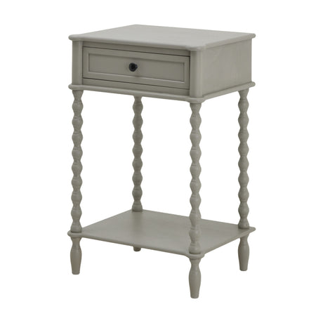 Hill Interiors Wooden Bobbin-Leg Side Table in grey with single drawer, lower shelf and turned bobbin legs, shown on a plain white background.