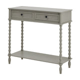 Hill Interiors Two Drawer Console Table in grey wood with turned spindle legs, lower shelf and dark round knobs, shown on a plain white background.