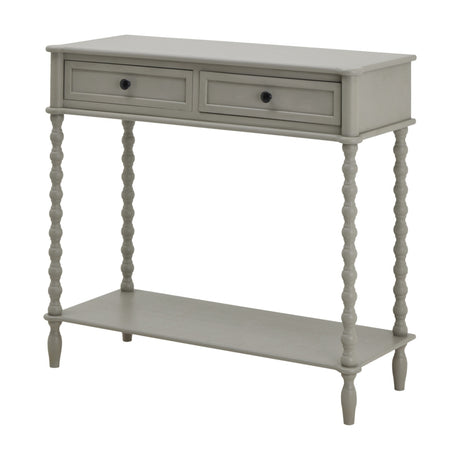 Hill Interiors Wooden Two-Drawer Console Table in grey with turned spindle legs, lower shelf and dark round knobs, on a plain white background.