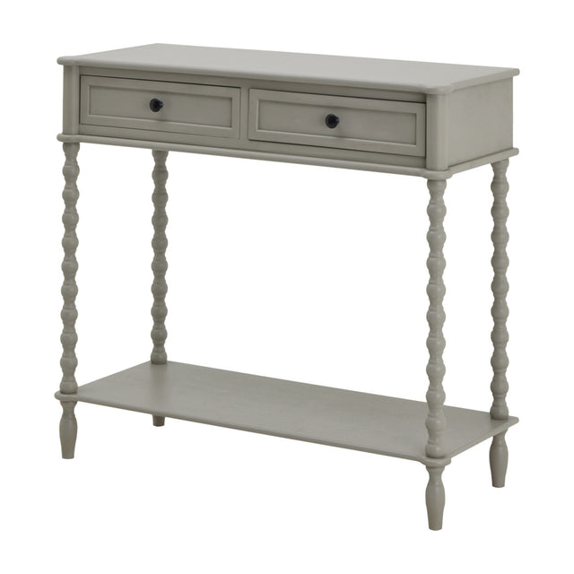 Hill Interiors Two Drawer Console Table in grey wood with turned spindle legs, lower shelf and dark round knobs, shown on a plain white background.