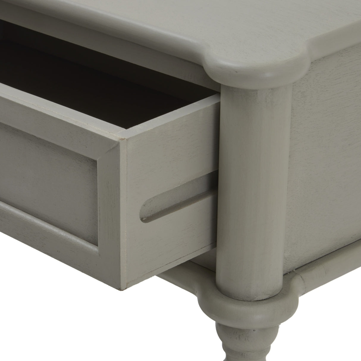 Close-up of Hill Interiors Two Drawer Console Table in grey, showing an open drawer with wooden runners and a turned leg detail.