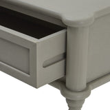 Close-up of Hill Interiors Two Drawer Console Table in grey, showing an open drawer with wooden runners and a turned leg detail.