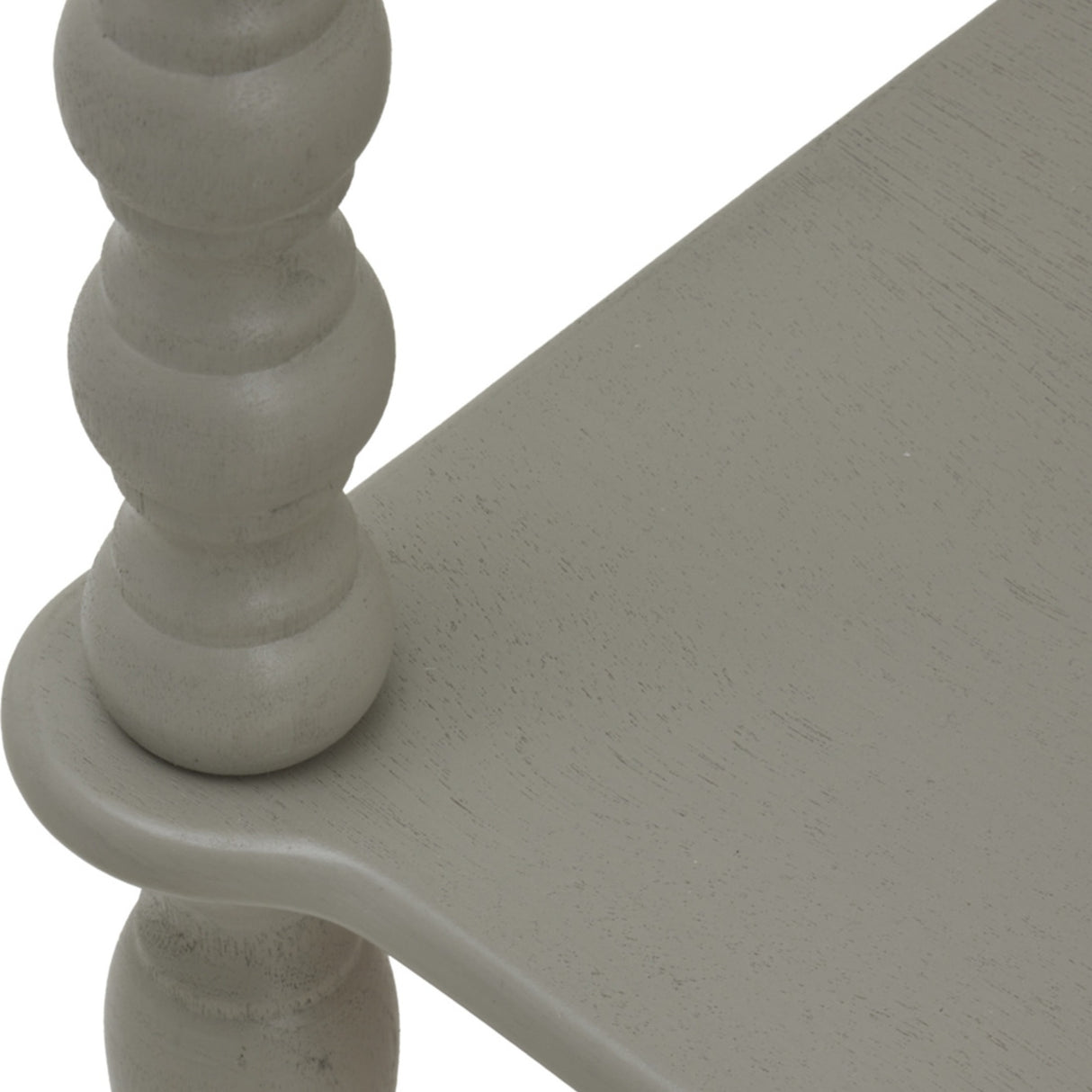 Close-up of Hill Interiors Two Drawer Console Table in grey, showing the turned wooden leg detail and edge of the tabletop.