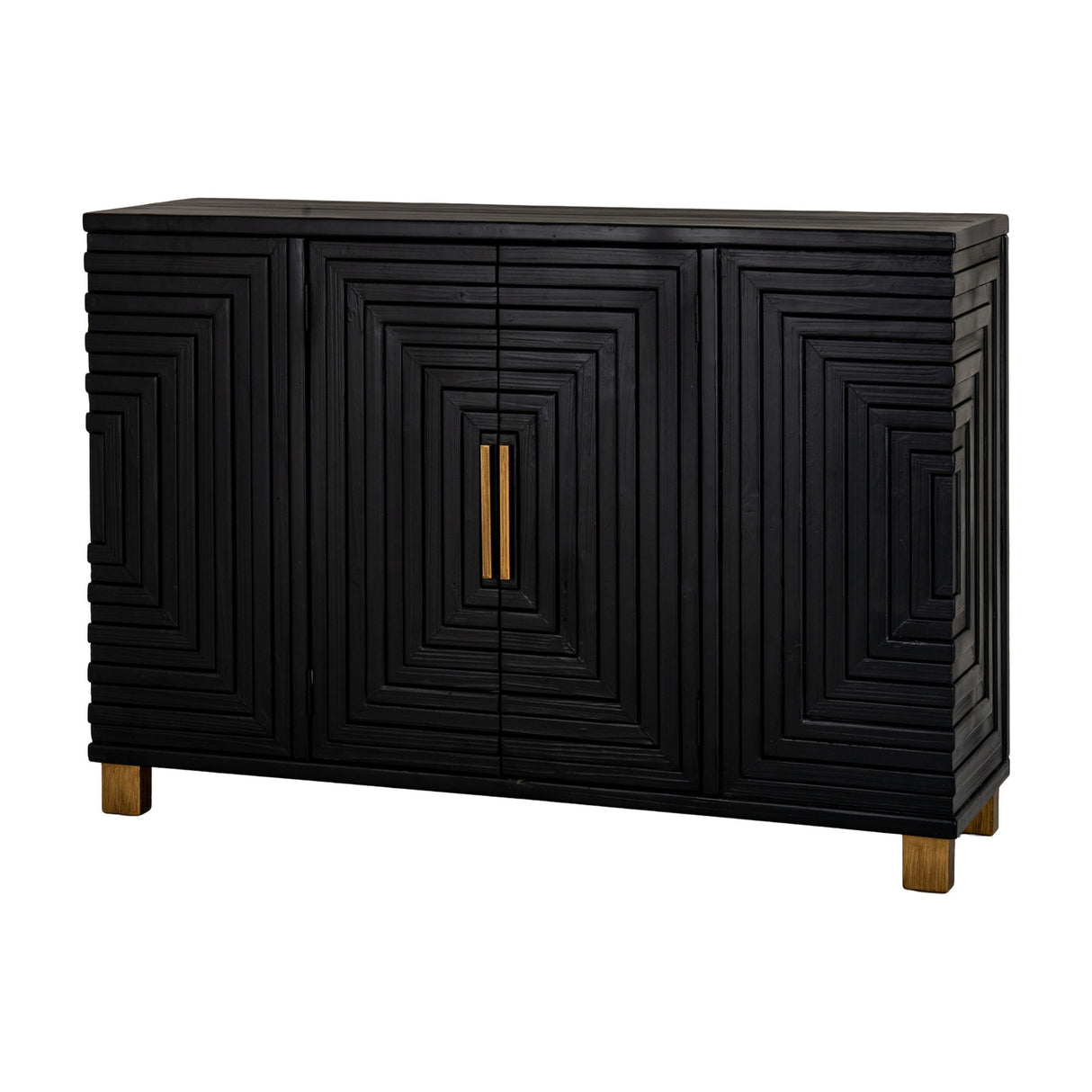 Hill Interiors Harweld 2-Door Sideboard in matte black wood with geometric raised line panels, slim gold handles and wooden feet, on a white background.