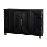 Hill Interiors Harweld 2-Door Sideboard in matte black wood with geometric raised line panels, slim gold handles and wooden feet, on a white background.