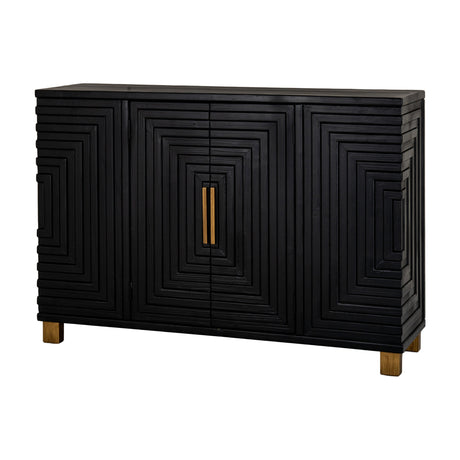 Hill Interiors Harweld 2-Door Sideboard in matte black wood with geometric raised line panels, slim gold handles and wooden feet, on a white background.