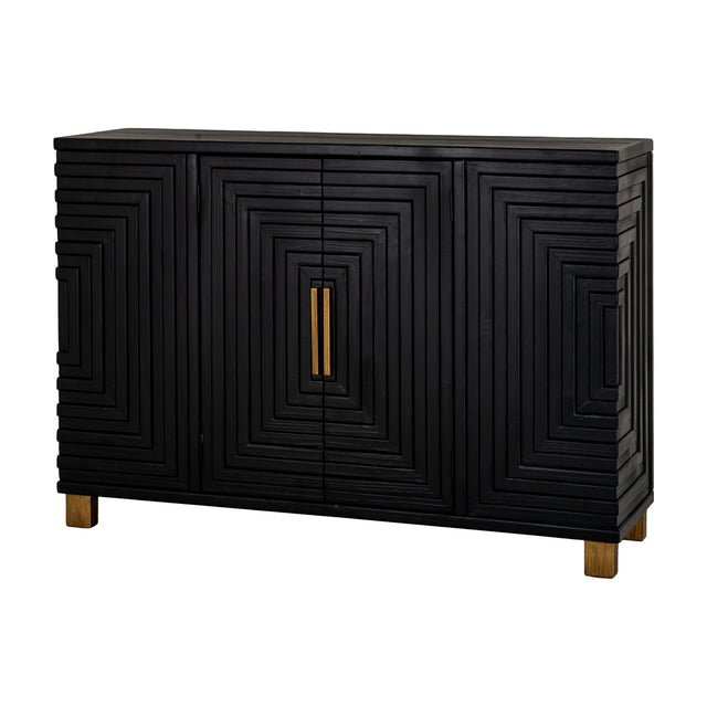Hill Interiors Harweld 2-Door Sideboard in matte black wood with geometric raised line panels, slim gold handles and wooden feet, on a white background.