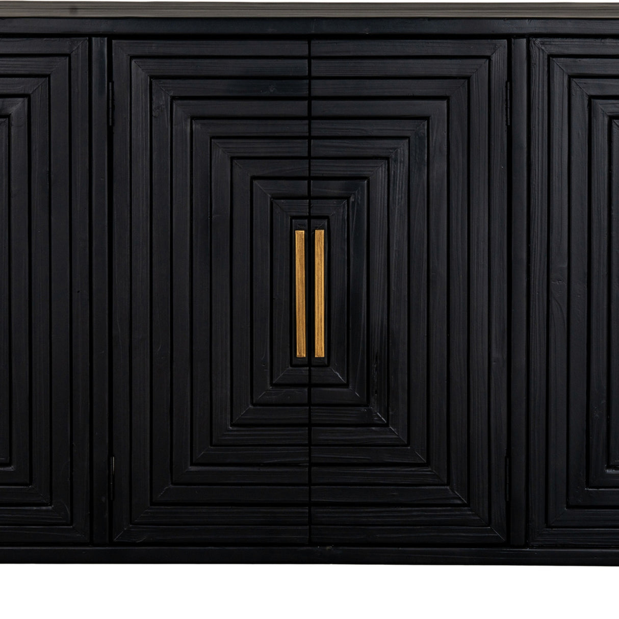 Close-up of the Hill Interiors Harweld 2-Door Sideboard in black, showing concentric rectangular door panels with slim vertical brass handles.