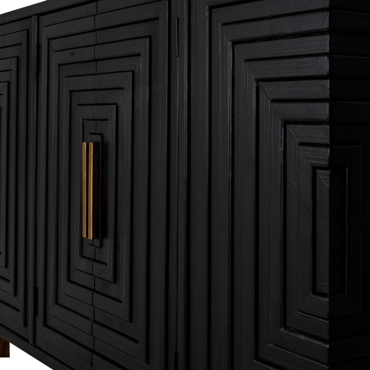 Close-up of the Hill Interiors Harweld 2-Door Sideboard in black, showing concentric rectangular panelled doors and a slim brass bar handle.
