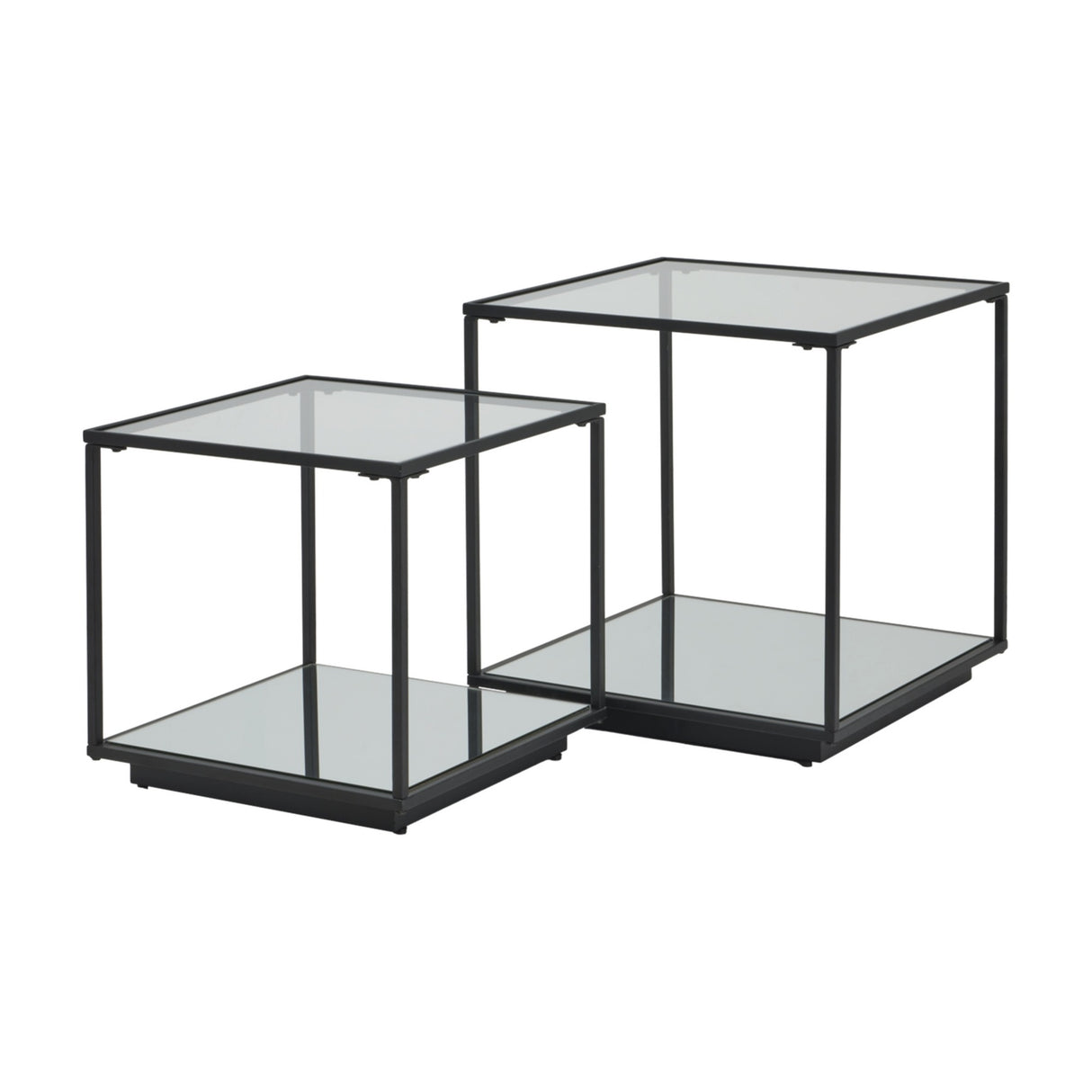 Hill Interiors Harweld set of two square nesting side tables with slim black metal frames, clear glass tops and mirrored lower shelves on a white background.