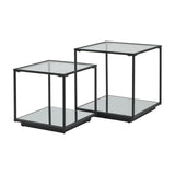 Hill Interiors Harweld set of two square nesting side tables with slim black metal frames, clear glass tops and mirrored lower shelves on a white background.