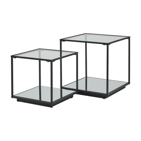 Hill Interiors Harweld set of two square nesting side tables with slim black metal frames, clear glass tops and mirrored lower shelves on a white background.
