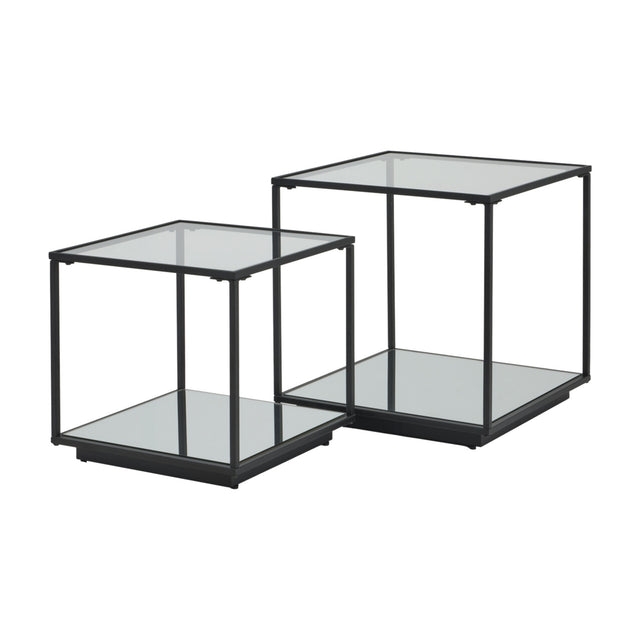 Hill Interiors Harweld set of two square nesting side tables with slim black metal frames, clear glass tops and mirrored lower shelves on a white background.