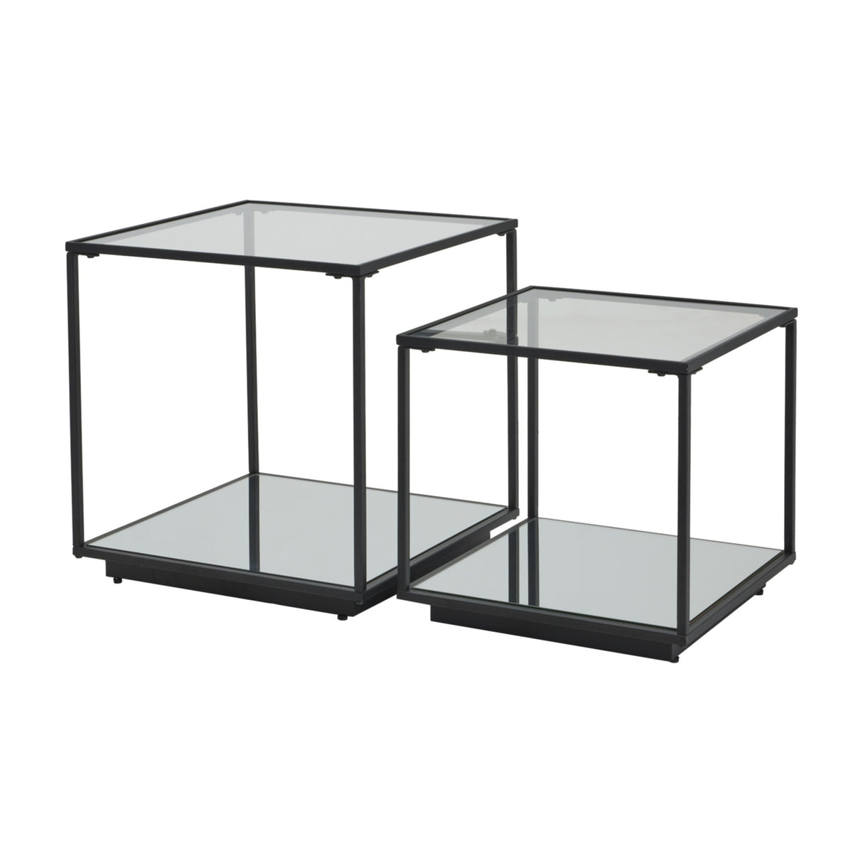 Hill Interiors Harweld set of two black framed nesting side tables with clear glass tops and mirrored lower shelves, shown on a plain white background.