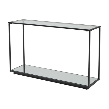Hill Interiors Harweld console table with slim matte black metal frame, clear glass top and lower mirrored shelf, shown on a plain white background.