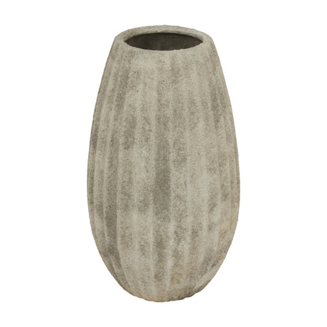 Hill Interiors Medium Olpe ceramic vase in grey with a tall rounded body, ribbed fluted sides and narrow opening, shown on a white background.