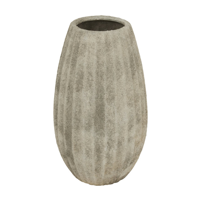 Hill Interiors Medium Olpe ceramic vase in grey with a tall rounded body, ribbed fluted sides and narrow opening, shown on a white background.