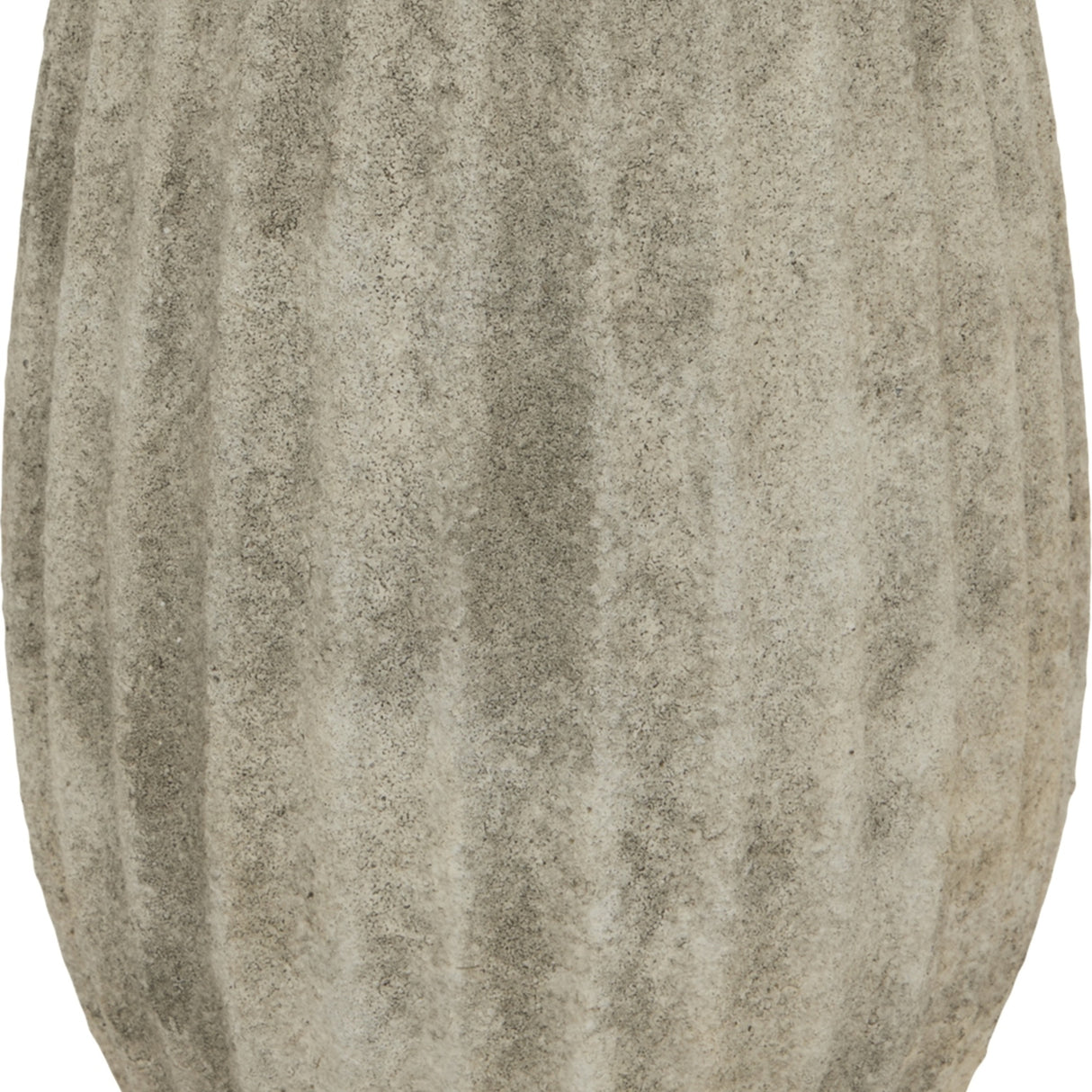 Close-up of the Hill Interiors Medium Olpe Ceramic Vase in grey, showing the ribbed body and mottled, tonal glaze across the curved ceramic surface.
