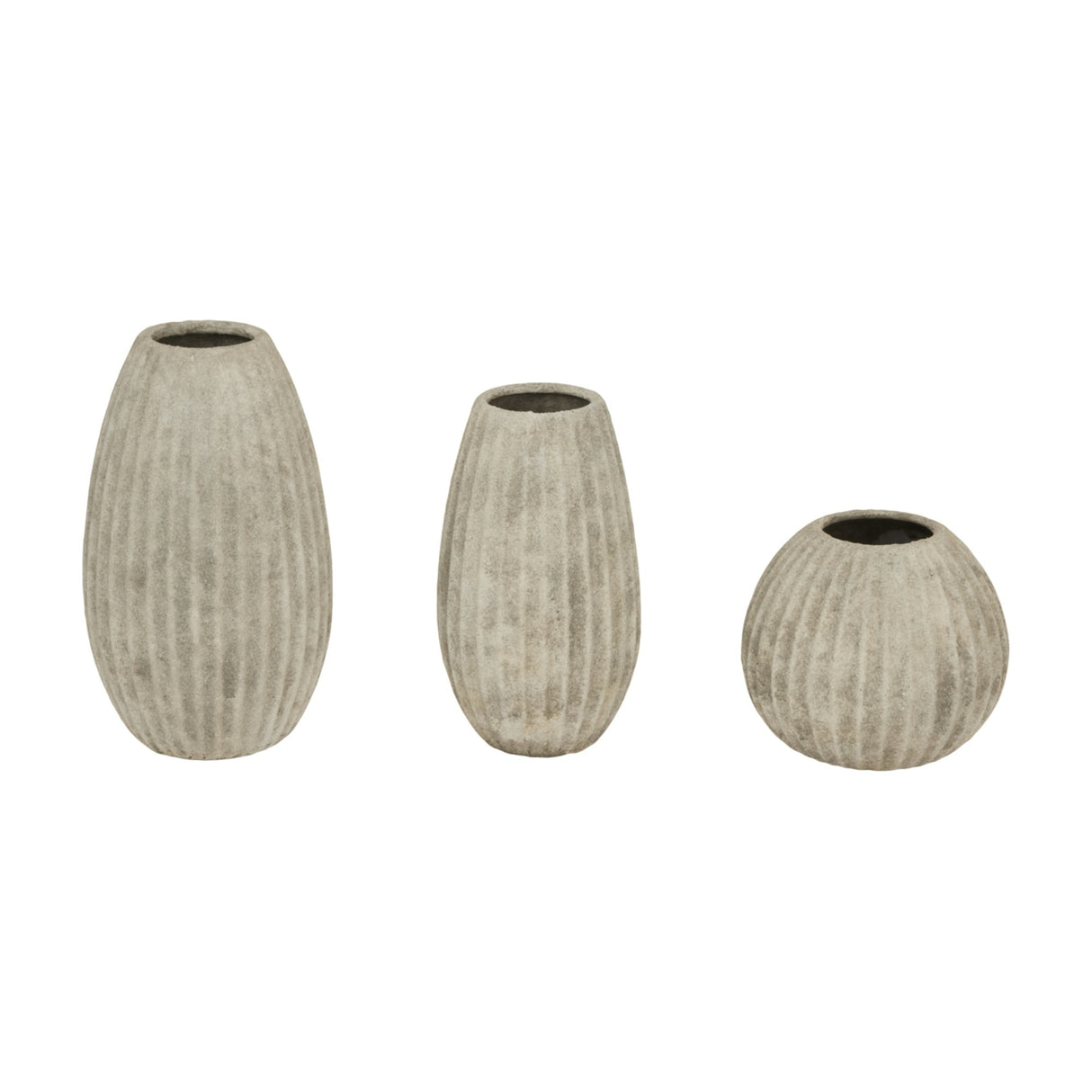 Hill Interiors Medium Olpe grey ceramic vases in three sizes, showing ribbed teardrop and rounded forms with narrow openings, on a plain white background.
