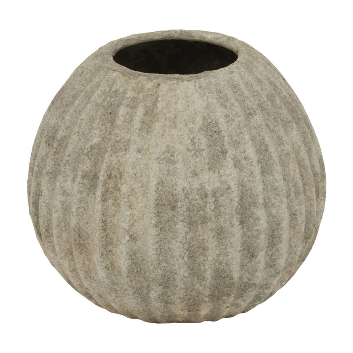 Hill Interiors Round Ceramic Vase in grey with a ribbed, rounded body tapering to a narrow neck, shown against a plain white background.