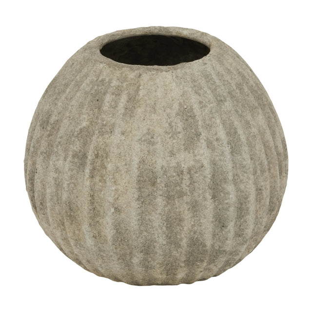 Hill Interiors Round Ceramic Vase in grey with a ribbed, rounded body tapering to a narrow neck, shown against a plain white background.
