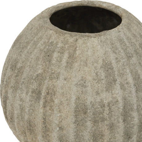 Close-up of the Hill Interiors Round Ceramic Vase in grey, showing the textured glazed surface, rounded body and narrow neck opening against a white background.