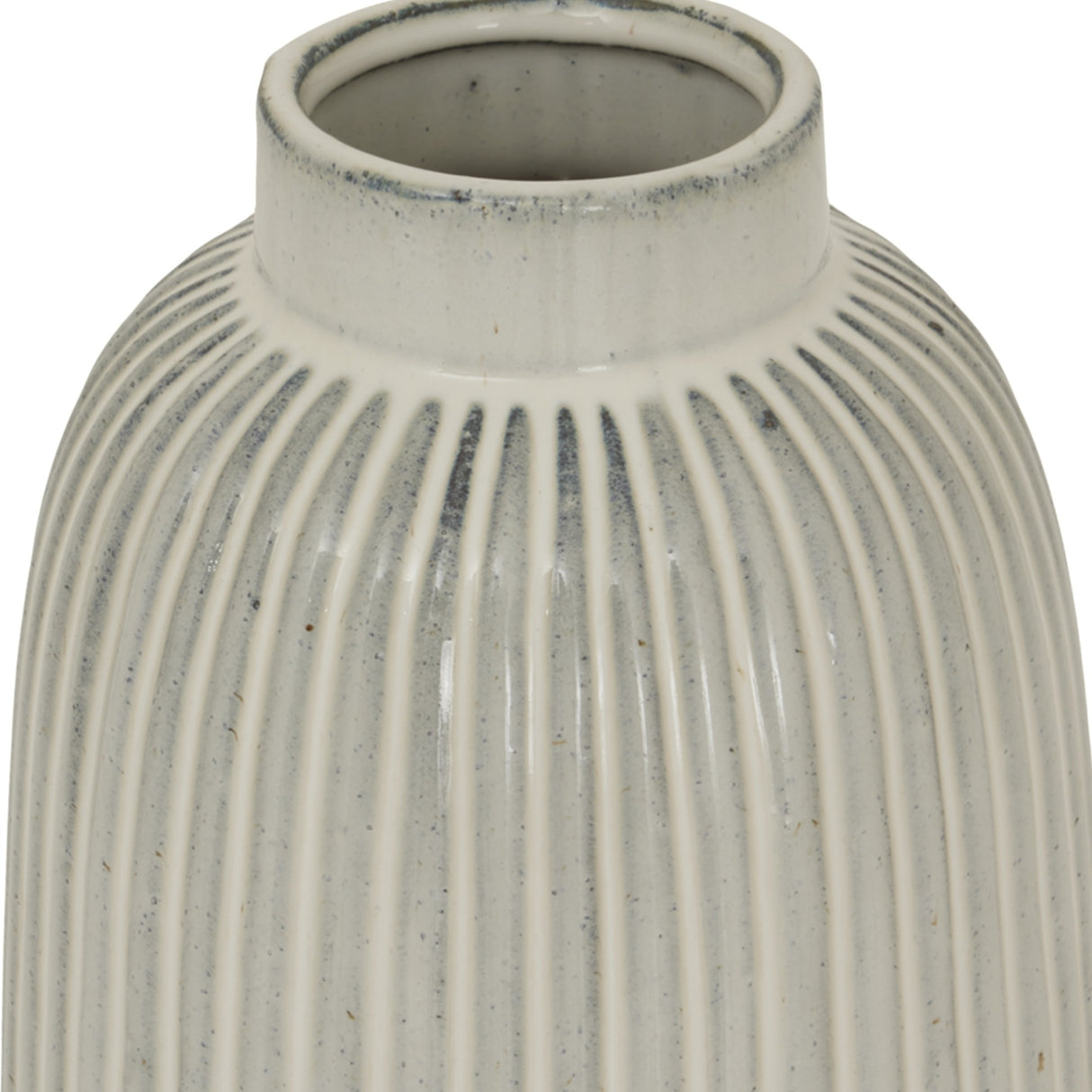 Close-up of the Hill Interiors Large Ceramic Bell Vase in white, showing the ribbed body and narrow neck with a speckled glaze finish.