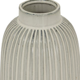 Close-up of the Hill Interiors Large Ceramic Bell Vase in white, showing the ribbed body and narrow neck with a speckled glaze finish.