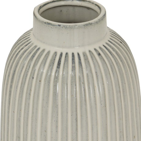 Close-up of the Hill Interiors Large Ceramic Bell Vase in white, showing the ribbed body and narrow neck with a speckled glaze finish.