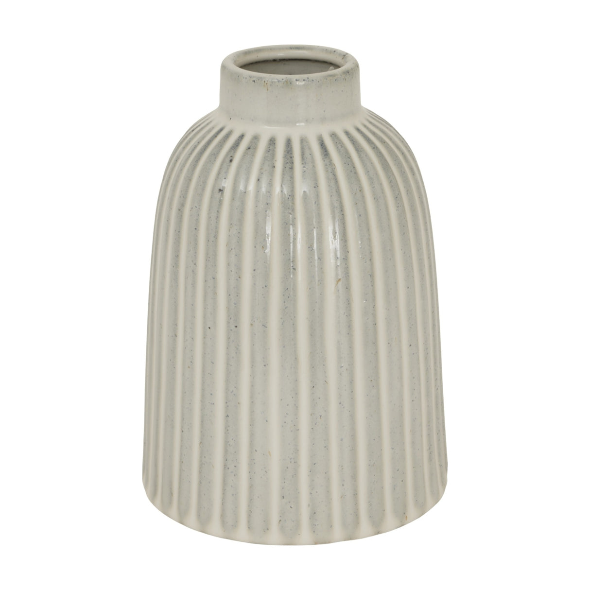 Hill Interiors Medium Bell Vase in white ribbed ceramic with a narrow neck flaring to a rounded base, shown on a plain white background.