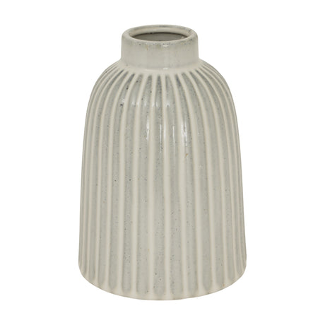 Hill Interiors Medium Bell Vase in white ribbed ceramic with a narrow neck flaring to a rounded base, shown on a plain white background.