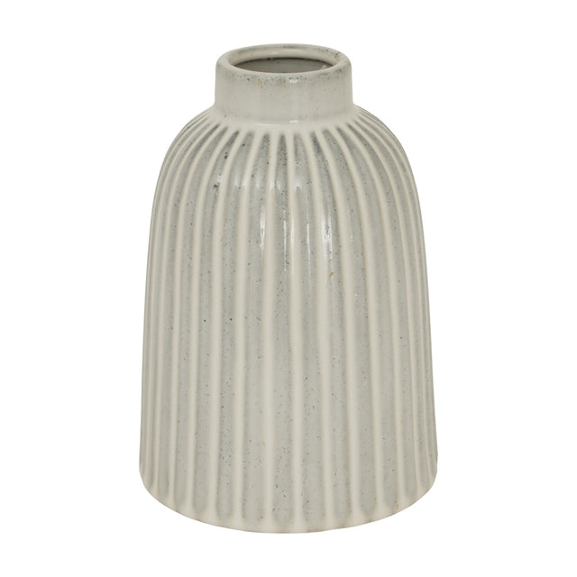Hill Interiors Medium Bell Vase in white ribbed ceramic with a narrow neck flaring to a rounded base, shown on a plain white background.
