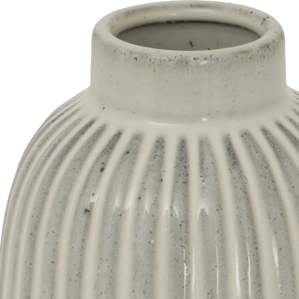 Close-up of the Hill Interiors Medium Bell Vase in white ceramic, showing its ribbed body, short cylindrical neck, and speckled matte finish.