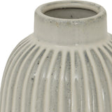 Close-up of the Hill Interiors Medium Bell Vase in white ceramic, showing its ribbed body, short cylindrical neck, and speckled matte finish.