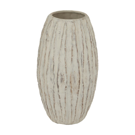 Hill Interiors Large Fin ceramic vase in white with a tall fluted, ridged body and weathered finish, shown on a plain white background.