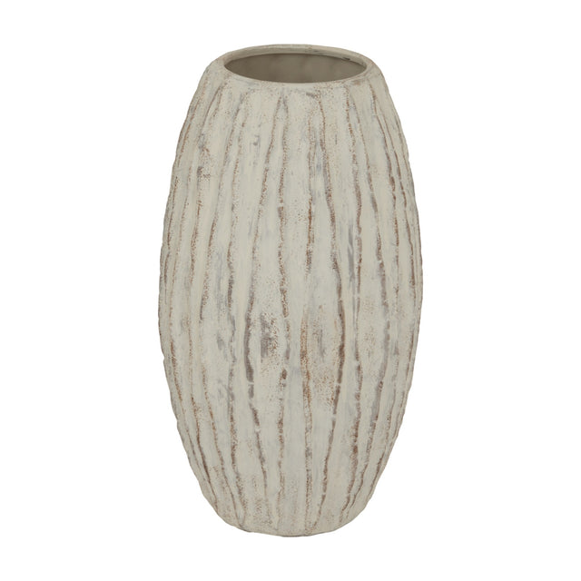 Hill Interiors Large Fin ceramic vase in white with a tall fluted, ridged body and weathered finish, shown on a plain white background.