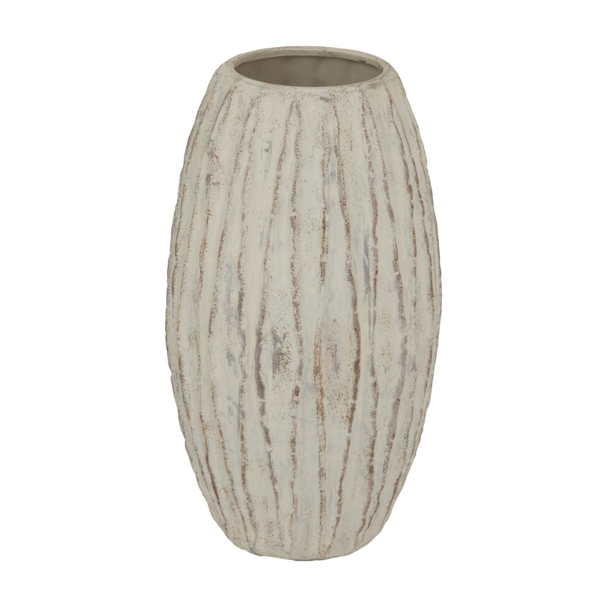 Hill Interiors Large Fin Ceramic Vase in white with a tall fluted, ridged body and weathered finish, shown against a plain white background.