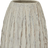 Close-up of the Hill Interiors Tall Ceramic Fin Vase in white, showing vertical fin ridges and a soft matte glaze with subtle grey and brown weathered tones.