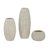 Hill Interiors Tall Ceramic Fin Vase in white, shown as a trio with tall, medium, and round shapes featuring vertical fin ridges on a plain background.