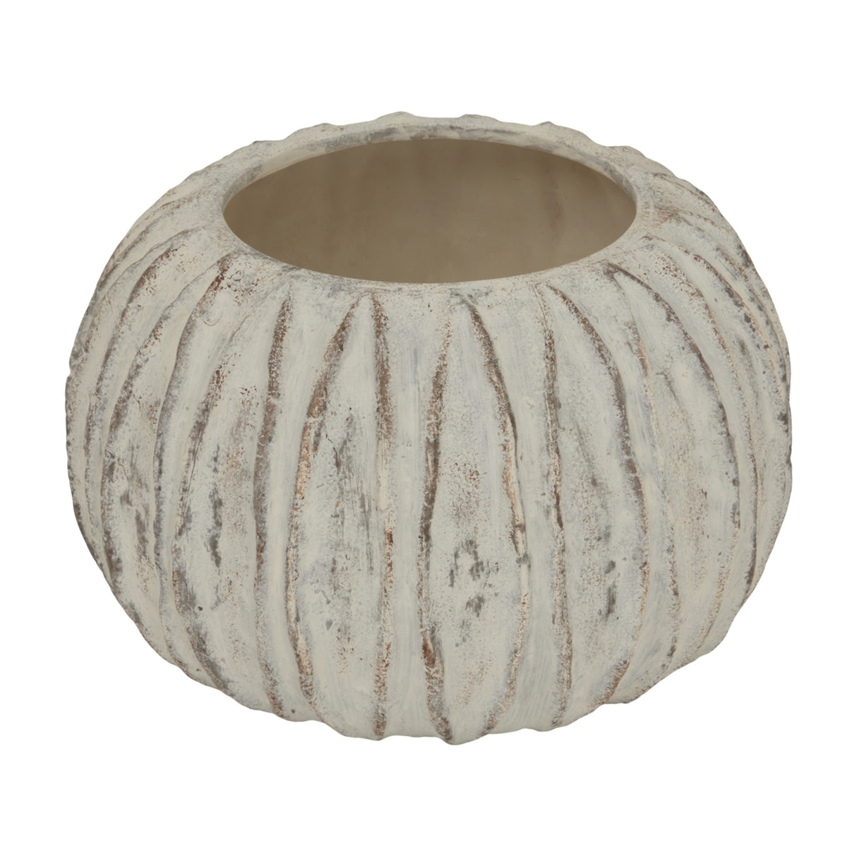Hill Interiors Rounded Ceramic Fin Vase in white with a low, wide body and vertical fin-like ridges, shown against a plain white background.