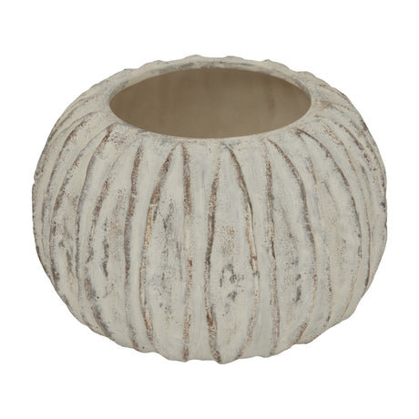 Hill Interiors Rounded Ceramic Fin Vase in white with a low, wide body and vertical fin-like ridges, shown against a plain white background.