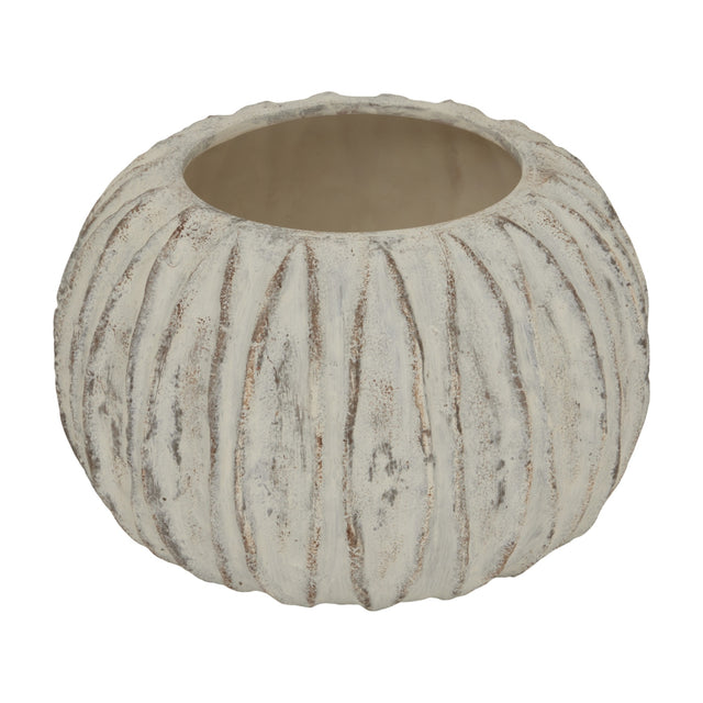 Hill Interiors Rounded Ceramic Fin Vase in white with a low, wide body and vertical fin-like ridges, shown against a plain white background.