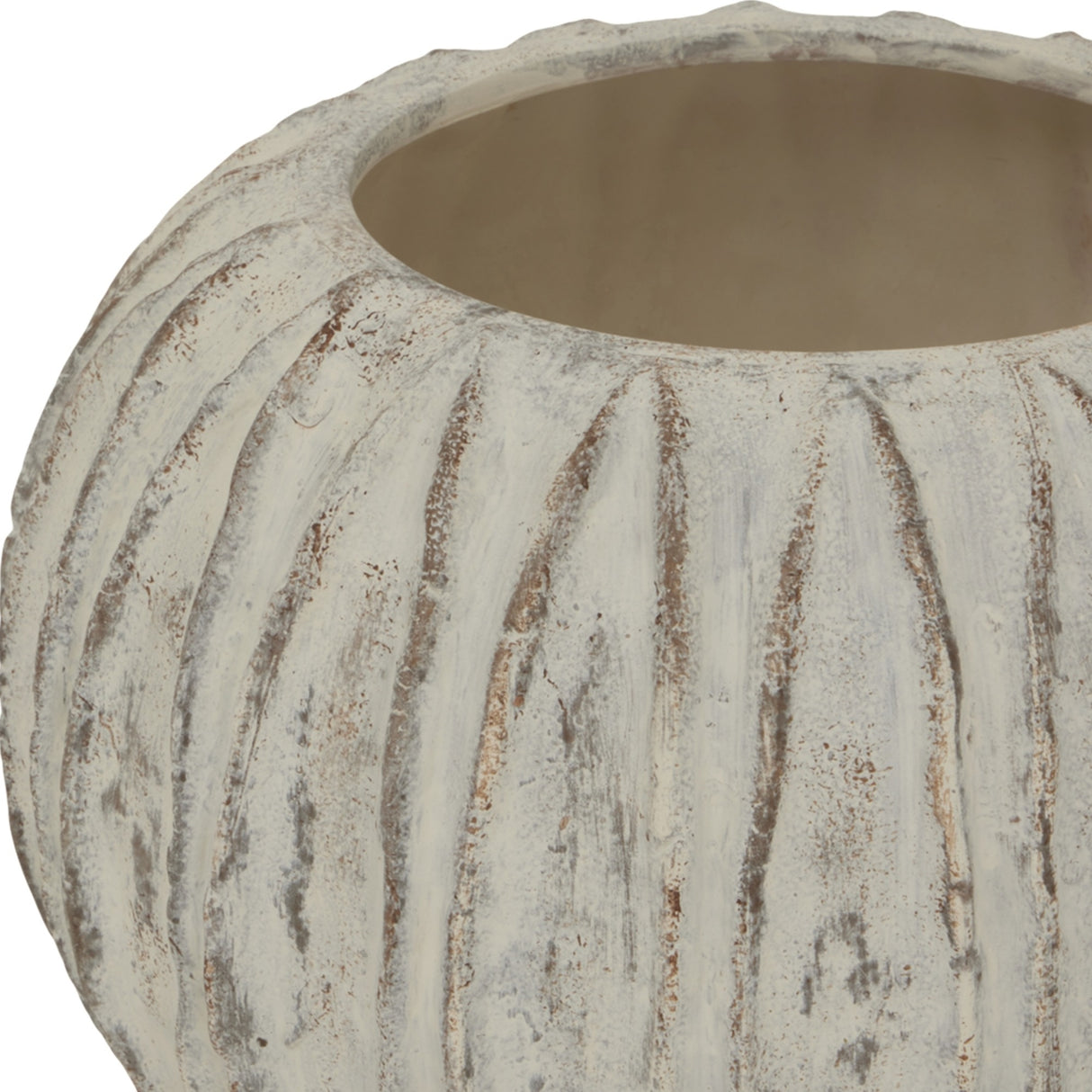 Close-up of Hill Interiors Rounded Ceramic Fin Vase in white, showing the wide opening and vertical fin-like ridges across the distressed ceramic body.